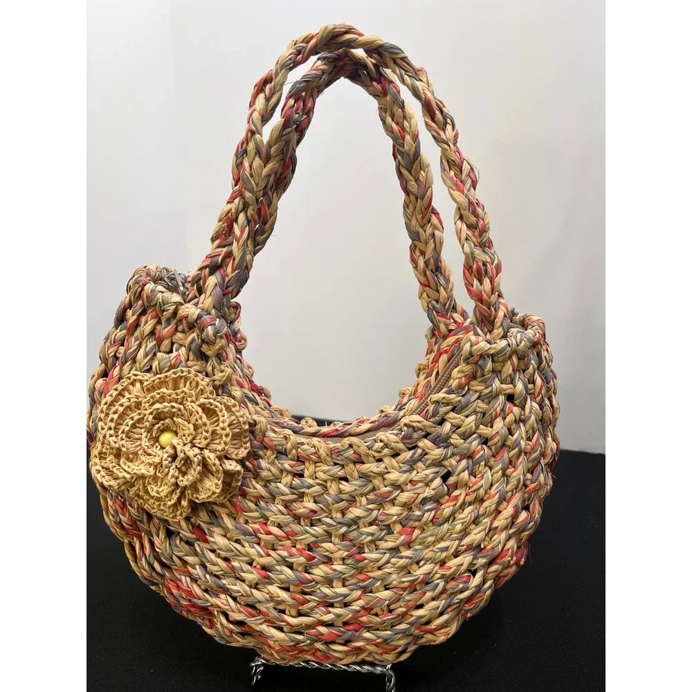 Woven Straw Hobo Bag Multi-Color Braided Raffia Flower Accent Summer Handbag